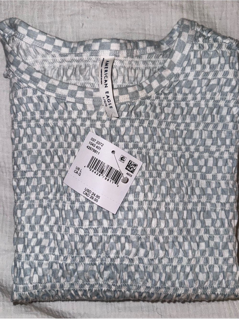 American Eagle Checkered Short Sleeve Top in Light Blue & White
